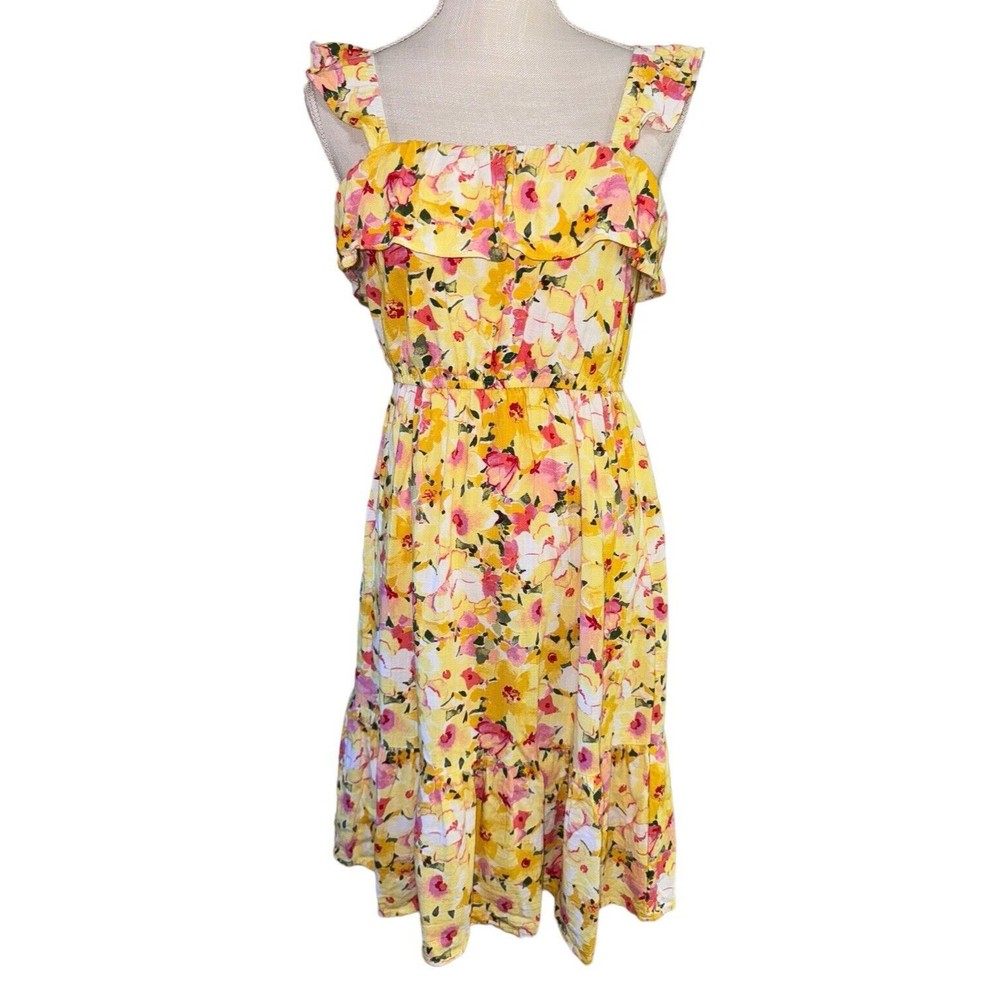 LC Lauren Conrad XS Yellow Floral Tiered Ruffle Neck Sun Dress‎ Linen Rayon